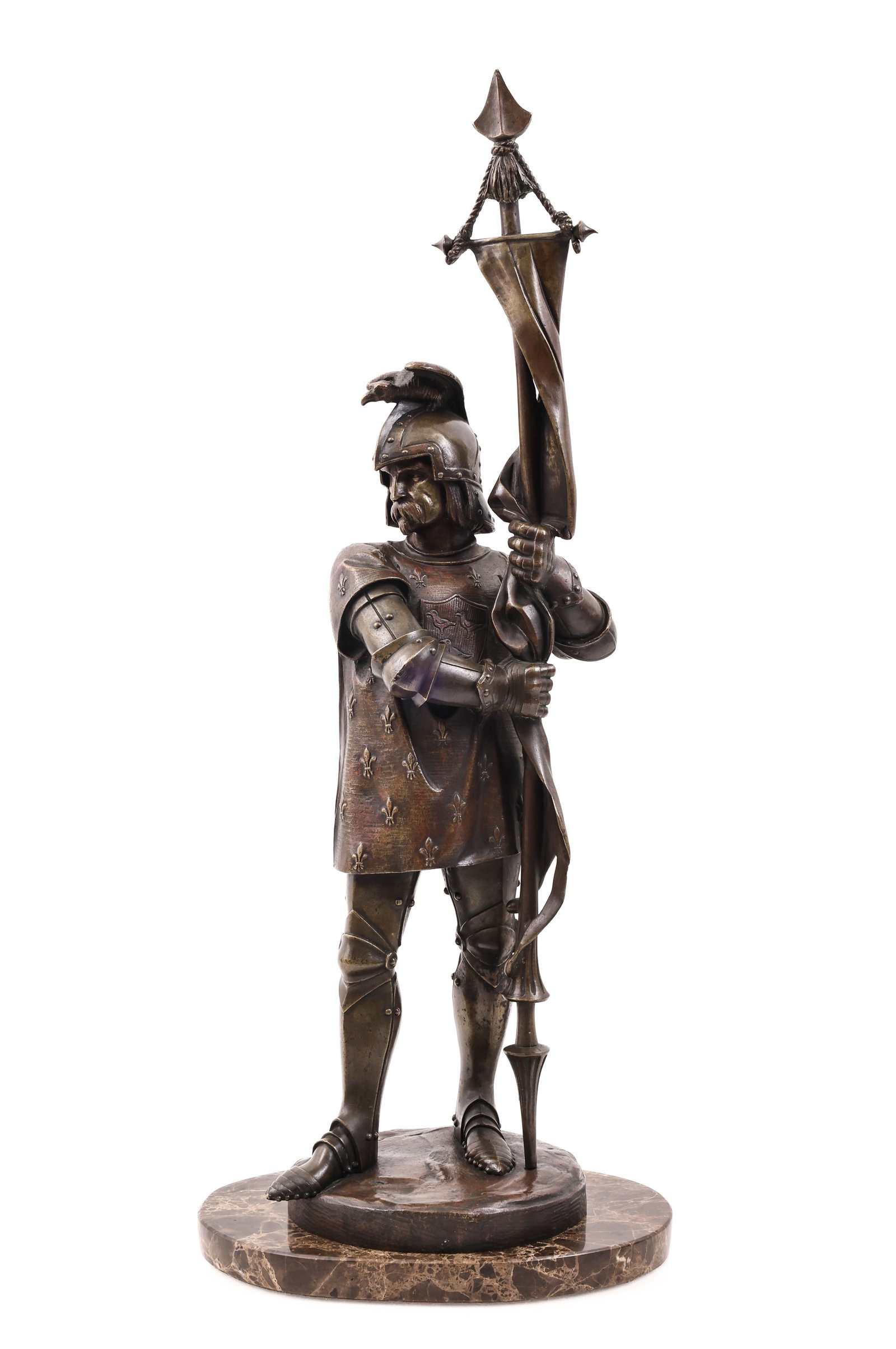 French Knight Sculpture: Bronze sculpture, manner of Armand-Jules Le Veel (1821 - 1905), depicting a Renaissance era French knight holding a standard, unsigned. Includes a separate marble base. 23"h x 7.5"w x 6"d, 23.75"h