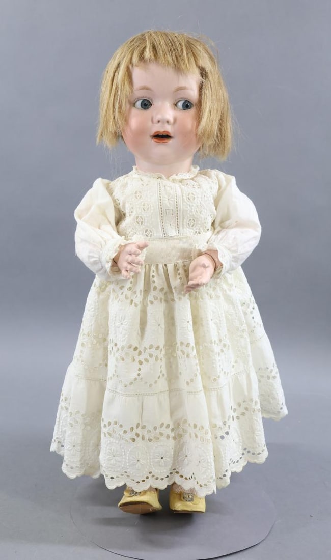 GERMAN BISQUE DOLLS.: 19" GERMANY G.327.B DRGM A.9.M character child. Blue side glance eyes, honey blonde HH wig. Reproduction fully jointed TODDLER body. Dressed in antique white cotton clothing. Eyelet dress, petticoat,