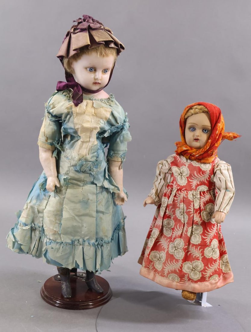 WAX DOLL/OTHER.: Pair of dolls. WAX - 15" Turned shoulder head doll with stationary blue eyes, closed mouth showing two upper teeth. Honey blonde HH wig has been both inserted into wax and glued on? Cloth body has