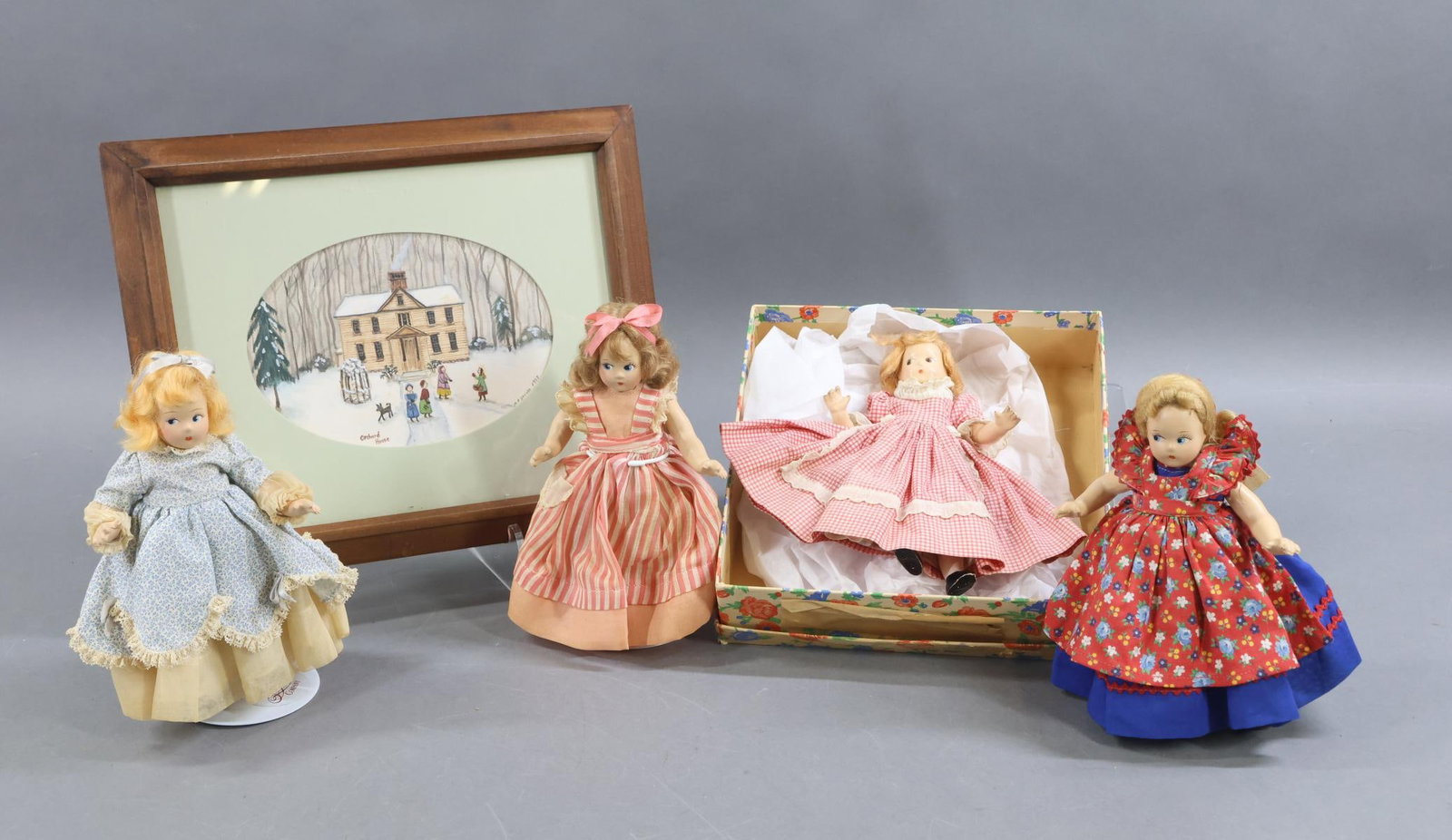 1940's - 1960's DOLLS.: LOT. Set of (4) 1935-1944 - 7" composition "Tiny Betty" MADAME ALEXANDER "Little Women" dolls. All of them have painted side glance eyes, mohair wigs and are dressed in their factory original tagged