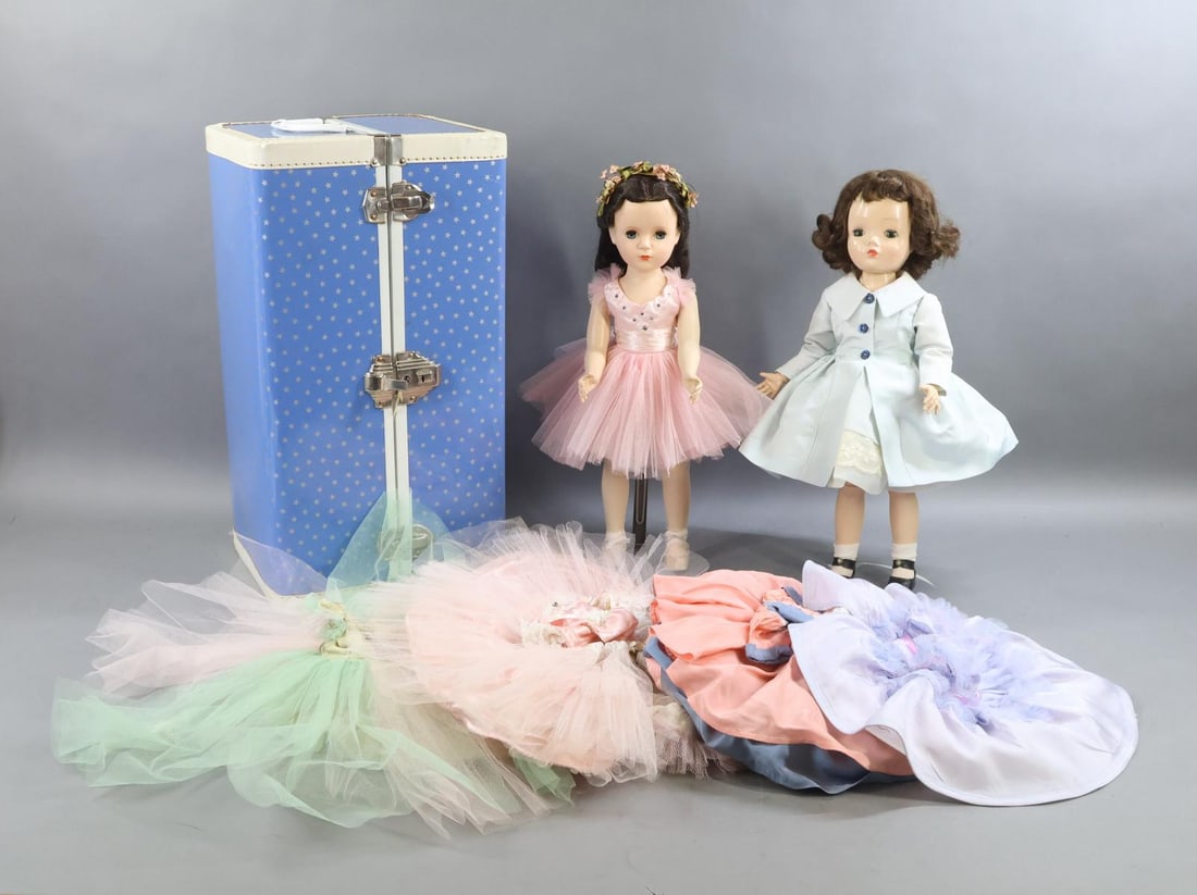 1940's - 1960's DOLLS.: LOT. Pair of MADAME ALEXANDER dolls, trunk, clothing. Note: the majority of the clothing that comes with these dolls have been beautifully handmade. There is no factory original Alexander clothing
