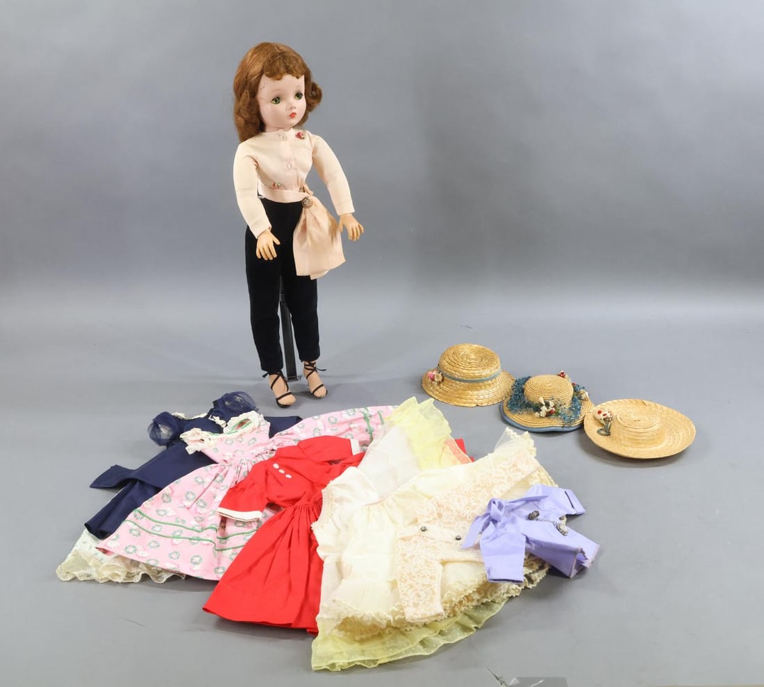 1940's - 1960's DOLLS.: LOT. 20" 1955 - 1959 MADAME ALEXANDER "Cissy" doll, tagged clothing. Jointed elbows and knees, high heel feet. Auburn wig. She comes with the following tagged clothing - navy taffeta dress with