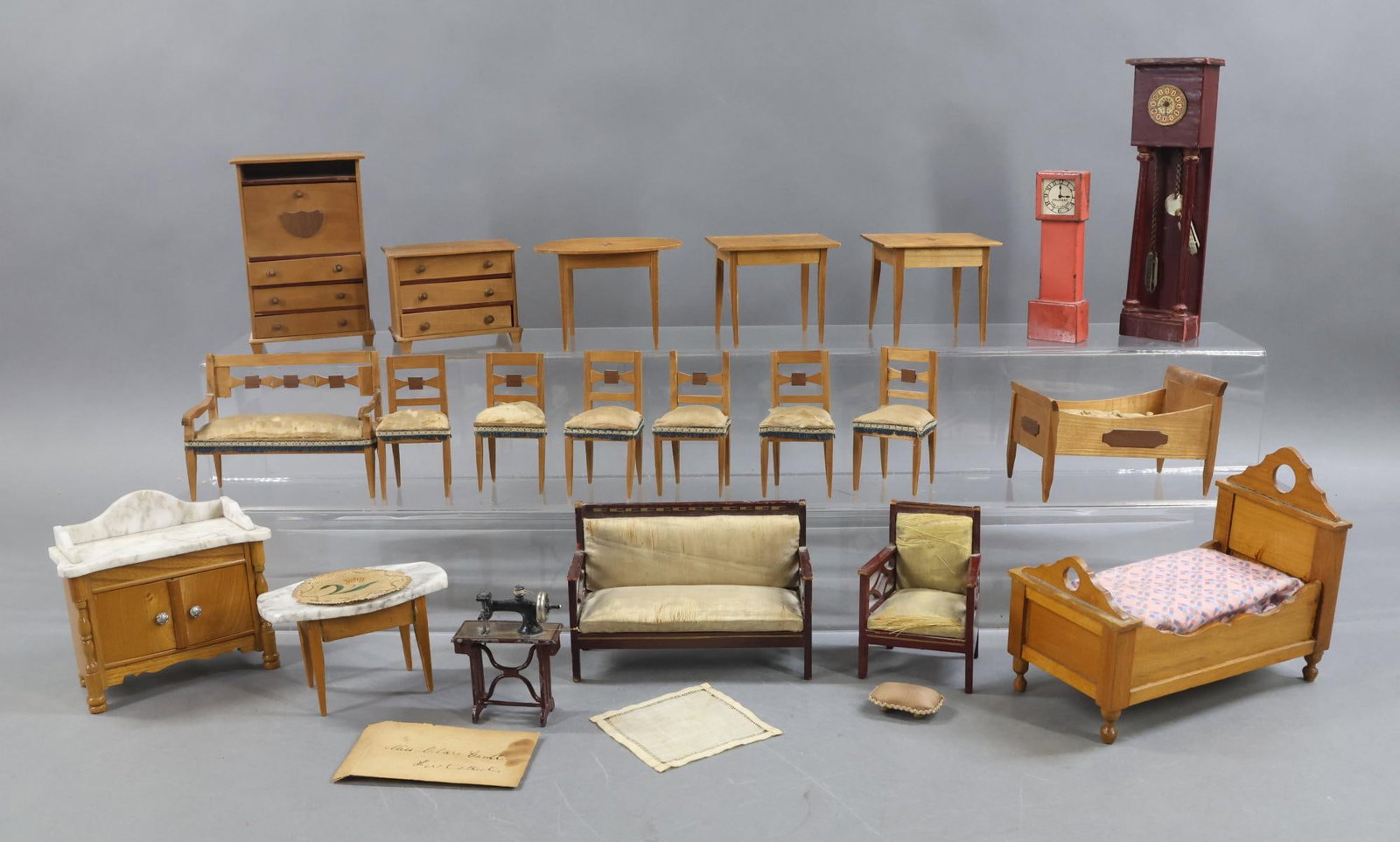 MINIATURES.: Lot of antique wooden furniture. Provenance: Set of inlaid and carved wooden dollhouse furniture ca. 1880. Property from the Dumbarton House collection, Washington, DC, sold to benefit future