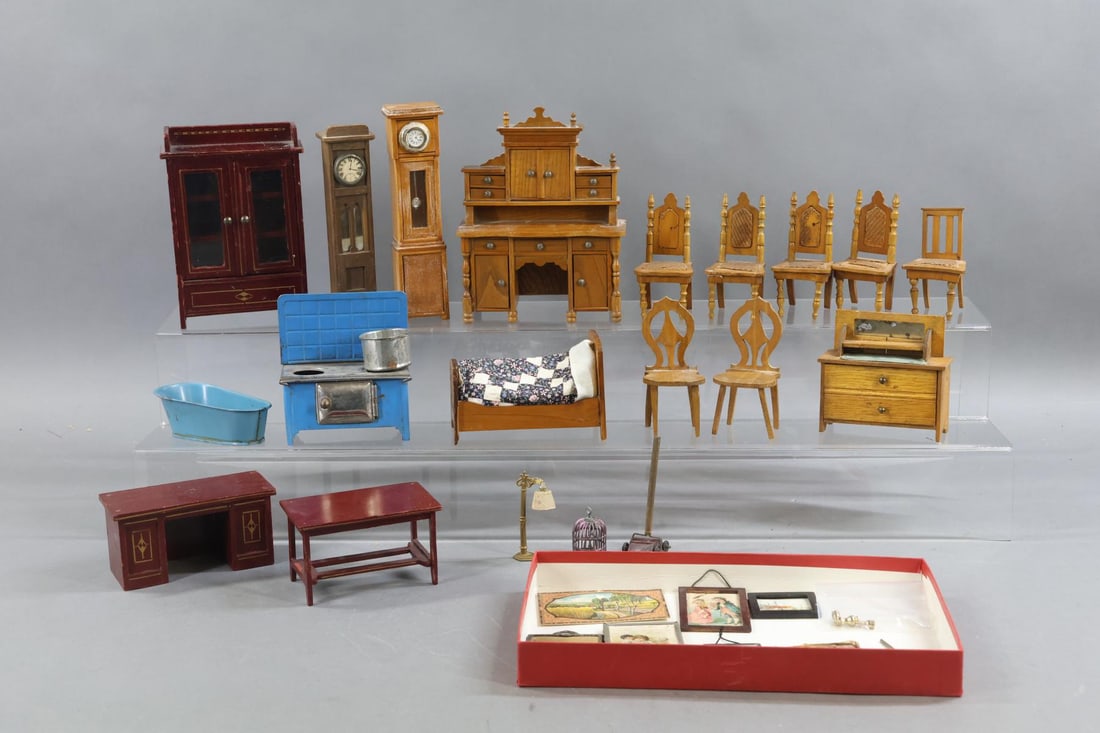 MINIATURES.: LOT of antique wooden, tin furniture, artwork, accessories. Wooden furniture - (2) tall clocks, "oak" sideboard with matching chairs. China closet, desk, table. Bed w/patchwork quilt. Sideboard, (2) c
