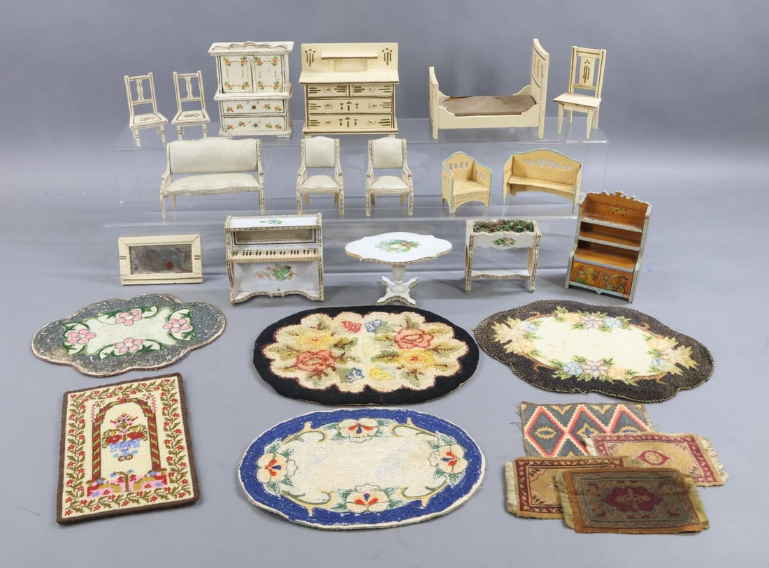 MINIATURES.: LOT of antique painted wooden, papier mache furniture and group of rugs. Wooden furniture - Ivory w/gold trim - bureau, bed, mirror, chair. White with floral motif - piano, table and plant stand.