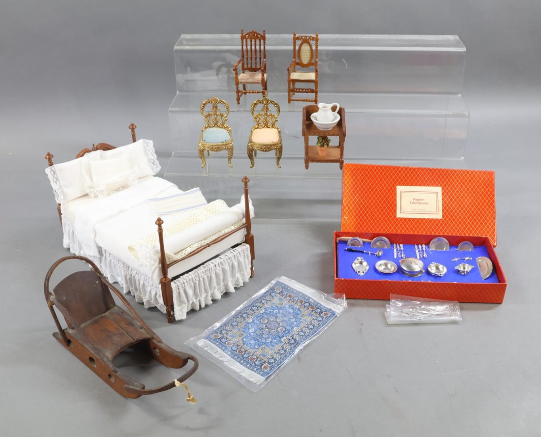 MINIATURES.: LOT. Wooden, metal furniture and accessories. Wooden furniture - four poster bed with pillows, bolster, mattress, linens. 6" T x 10" L x 5 1/2" W. Wash stand w/bowl & pitcher. (2) Chairs - "cane" and 