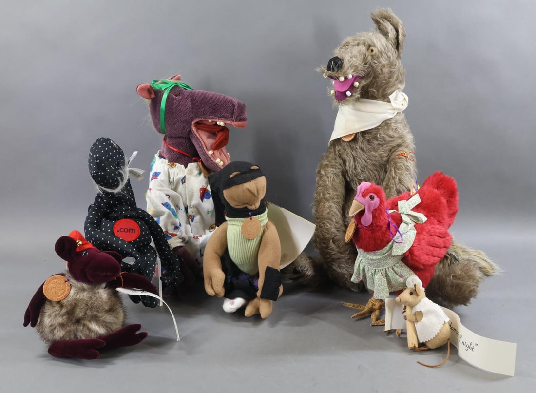 CONTEMPORARY ARTIST ANIMALS.: LOT of (7) Crazy Animals by artist Charleen Kinser. 20" 1998 Tagged grey mohair "Coyote Sir" (gentleman) . 57/275. Glass eyes. 15" 1991 Tagged purple cloth "Freda Be Fierce" (protector of the night).