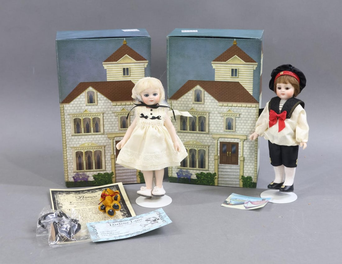 CONTEMPORARY ARTIST DOLLS.: Pair of 5 1/2" all bisque dolls by artist Darlene Lane. These were made for the UFDC 62nd Annual Convention 2011, Anaheim, CA. Both are reproductions of an antique S & H doll and have glass eyes,
