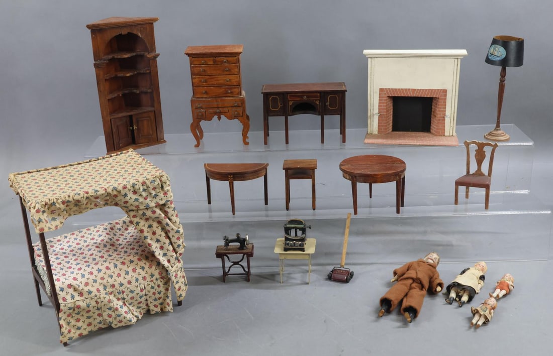 MINIATURES - TYNIETOY/OTHER.: LOT. TYNIETOY - fireplace, floor lamp . Unpainted corner cabinet, gateleg round table, highboy, half moon table, side table, chair, side board, canopy bed with linens. German bisque dollhouse dolls -
