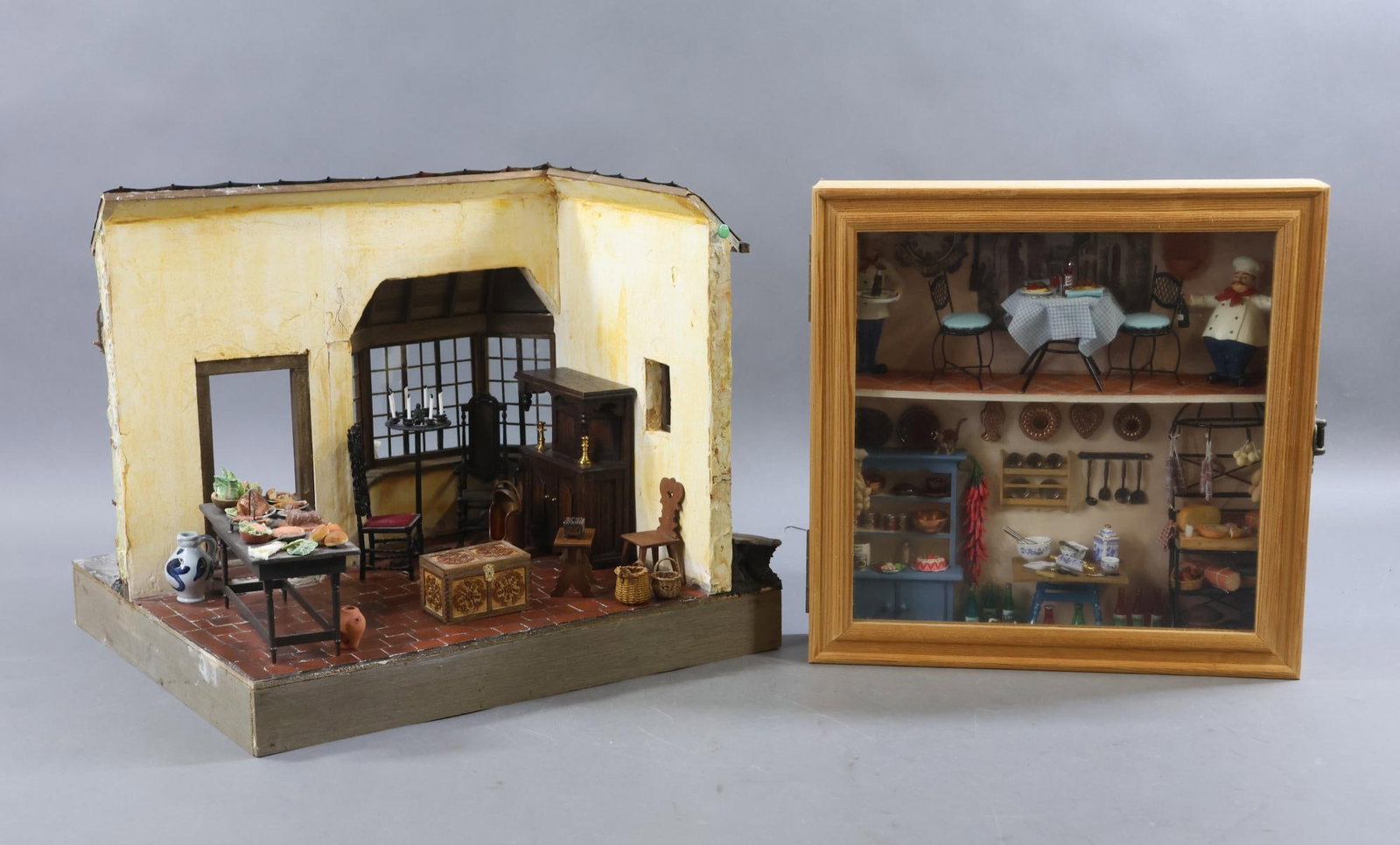 ROOM BOXES.: LOT. English Tavern Room. 13" T x 13 1/2" D x 15 1/2" W. Exterior shows large window, door and copper roof. Sheep drawn wicker cart, ducklings and pigs in front of window. Room shows tiled floor,