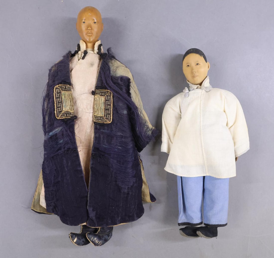 DOOR OF HOPE.: Pair of all original dolls. 10" "Amah" wearing cotton pants, undershirt and outer jacket. Slipper type shoes. Carved hands and single beehive bun. 12 1/2" Doll may have been an early "Bridegroom"