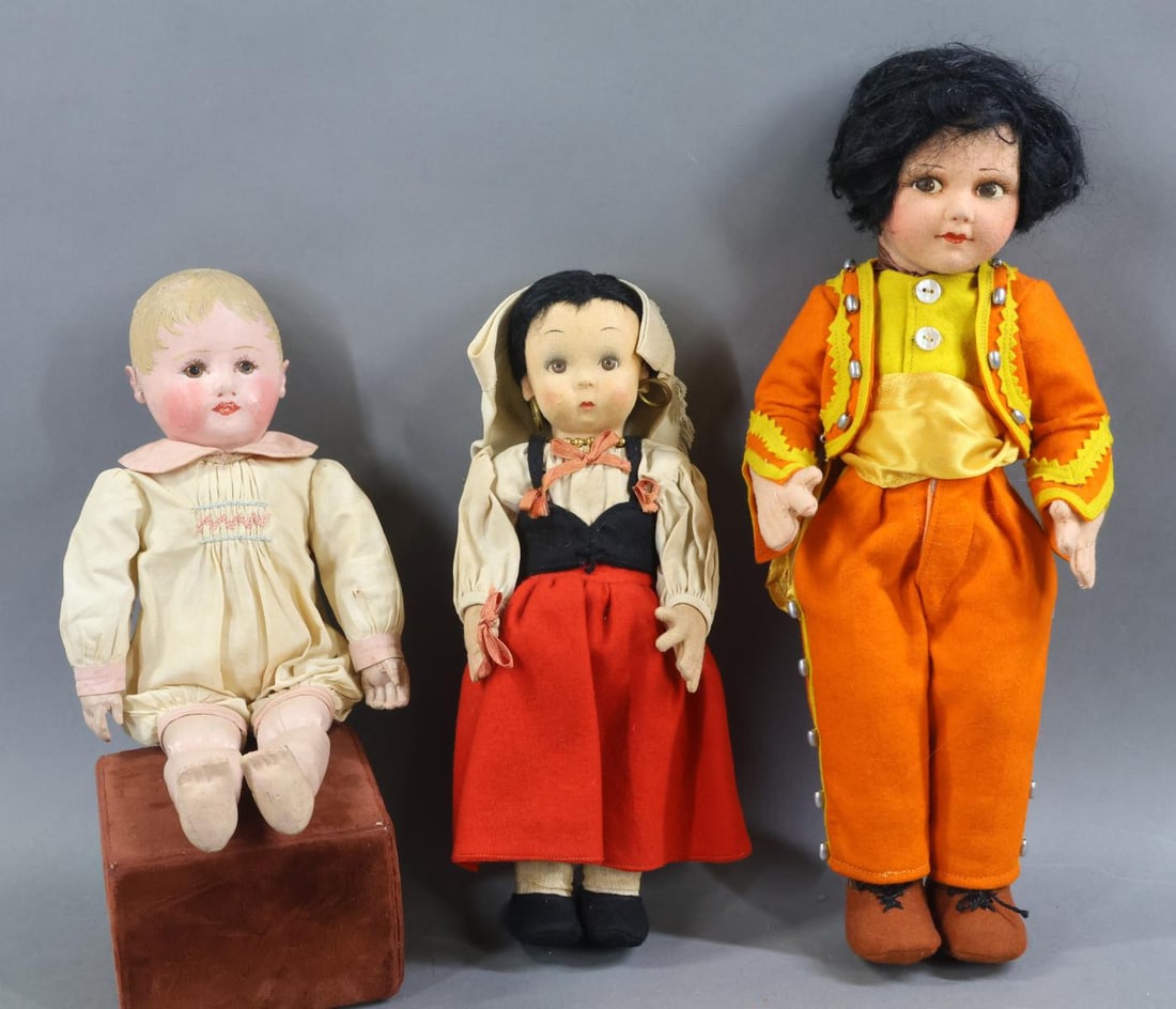 CLOTH DOLLS.: LOT of (3) dolls. LENCI - 11" Unmarked 1940's child doll with round painted eyes, mohair wig. All original wool felt, cotton clothing. Condition: face rub on cheek. CHASE - 13" Baby, jointed at
