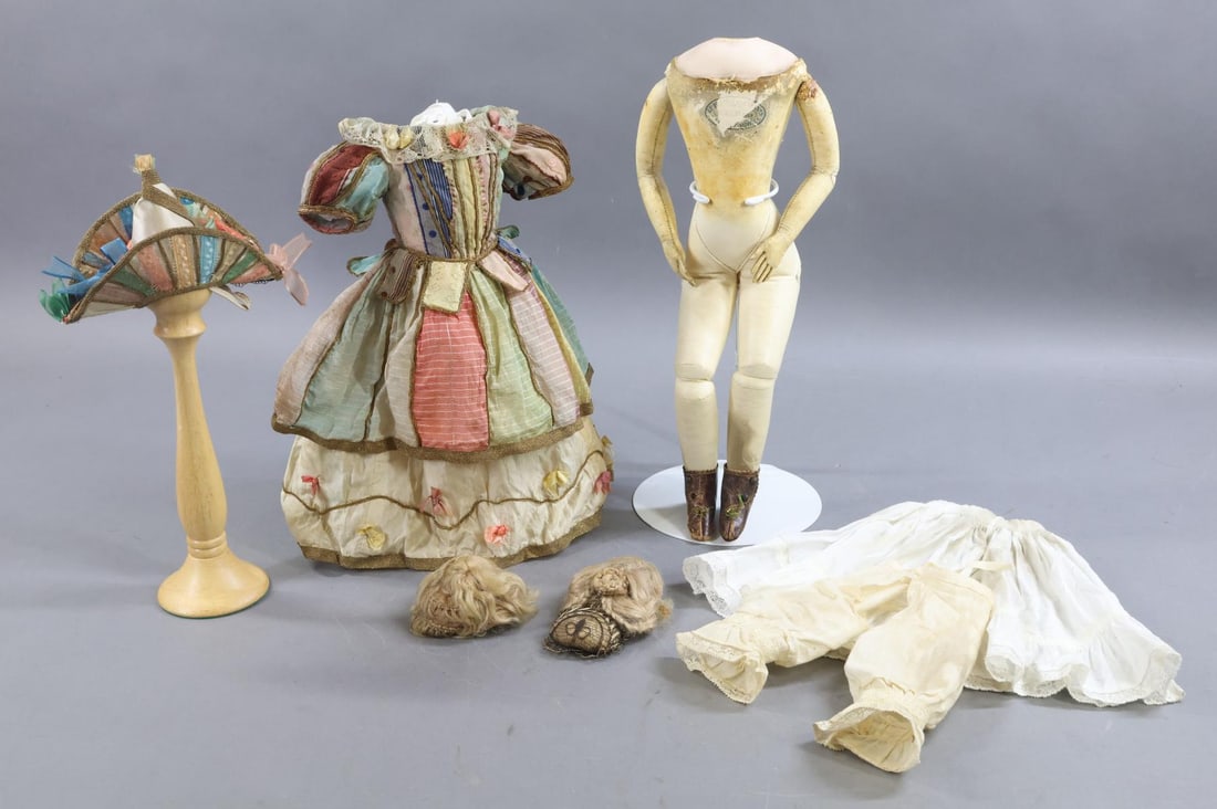 ANTIQUE FRENCH BISQUE DOLLS.: LOT. 14" French Fashion leather gusseted doll BODY with bisque shoulder plate. NO head. Body is marked: AU PALAIS DES ENFANTES (middle line illegible) LECOUVREUR. (This is most likely the store where 