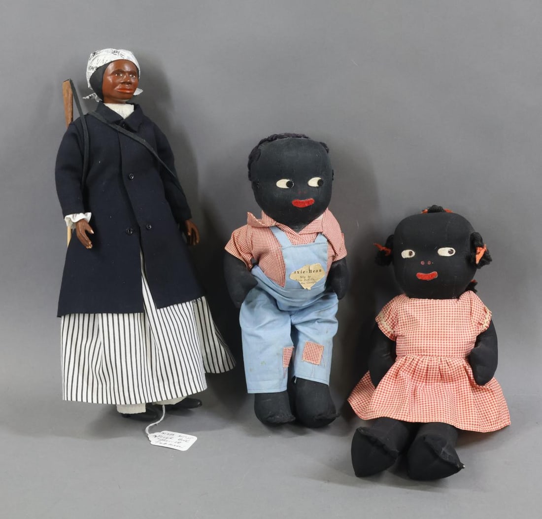 BLACK/ARTIST DOLLS.: LOT of (3) dolls. ARTIST - 13 1/2" 1996 "Harriet Tubman" doll by NIADA artist Floyd Bell. Hand carved shoulder head, lower arms and legs with boots. Cloth torso. CLOTH Dolls - Pair of all original