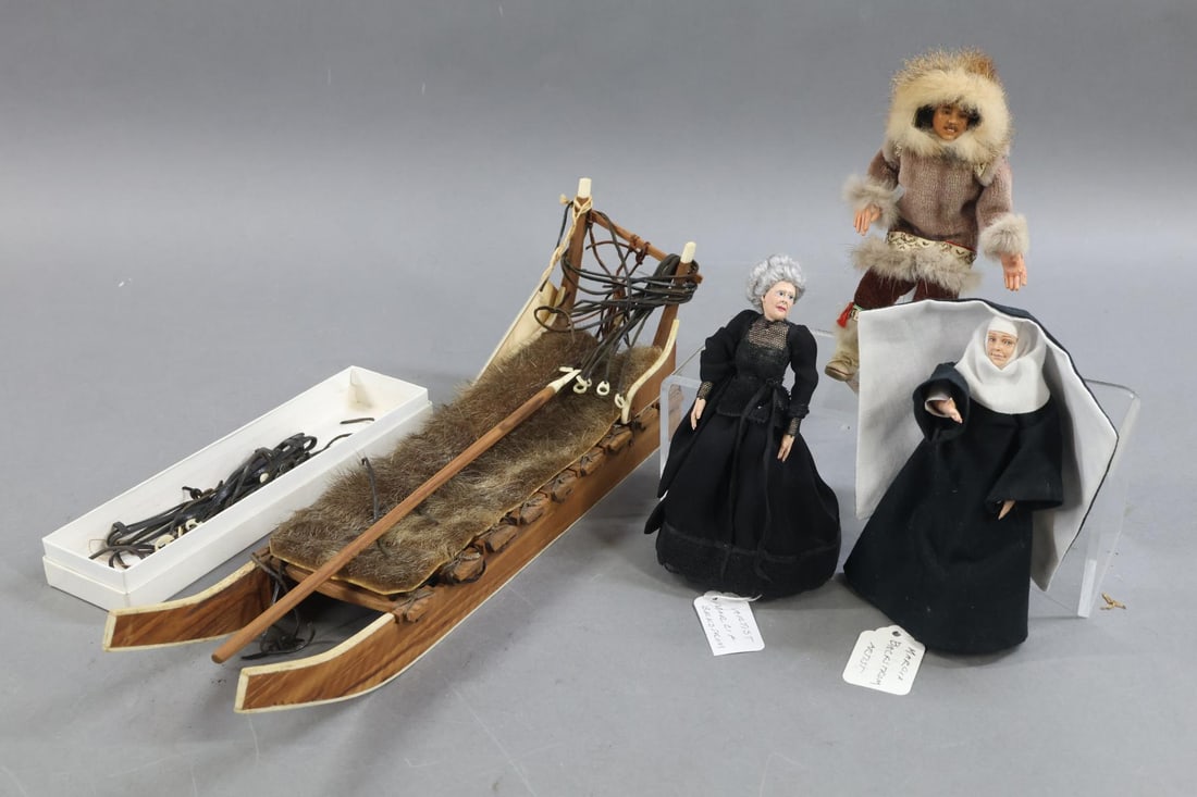 ARTIST DOLLS/MINIATURES.: LOT. The first (2) miniature dolls were made by the artist Marcia Backstrom. 5 1/2" "Nun" doll. Condition: finger on right hand is missing. 5 1/2" "Older Woman" doll dressed in black period gown.