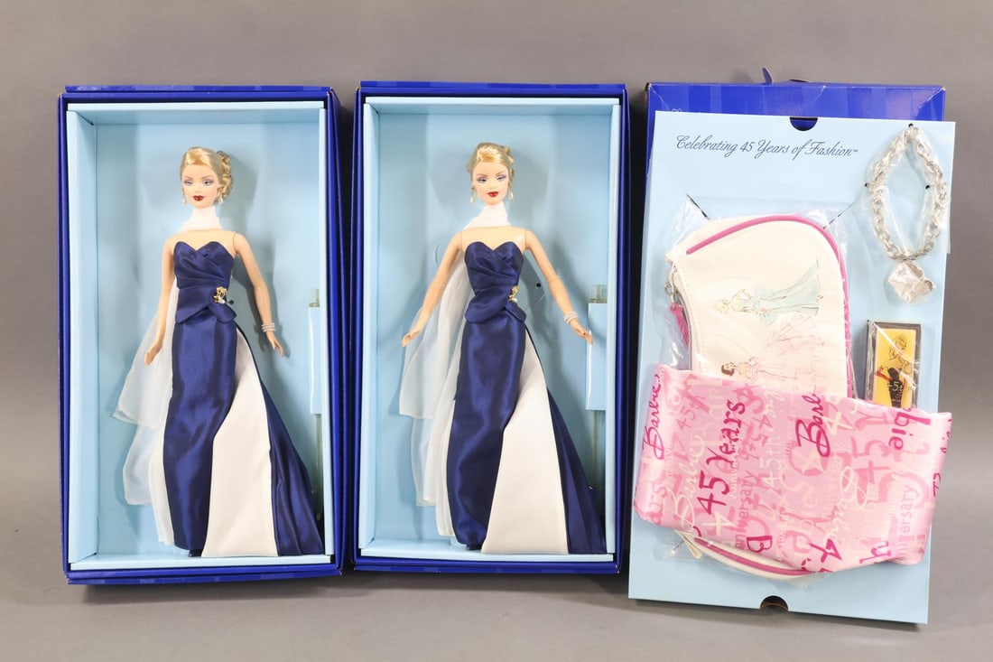 BARBIE FAMILY.: LOT of (3) MIB NRFB Souvenirs from the 2004 National BARBIE Collectors Convention in Chicago, ILL. Celebrating 45 Years of Fashion. (2) BARBIE dolls dressed in navy blue sheaths. Accessory pack which