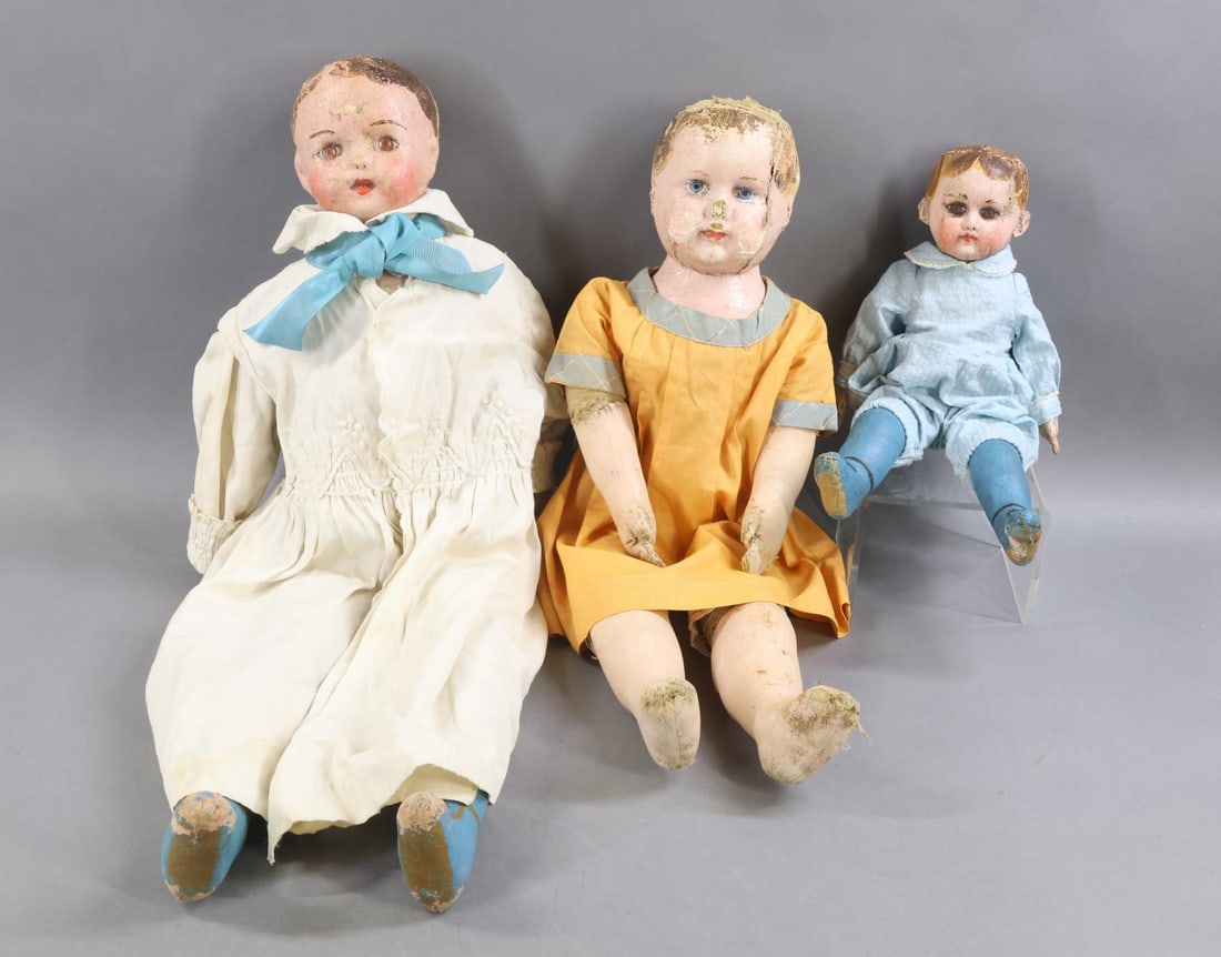 CLOTH DOLLS - ALABAMA BABIES.: LOT of (3) ALABAMA BABIES. 13" Doll has painted brown eyes/hair, applied ears. Body is stamped Mrs. S. S. Smith Manufactured Roanoke, AL. PATENTED 19?1 (Possibly 1921.) Painted blue legs/shoes. This