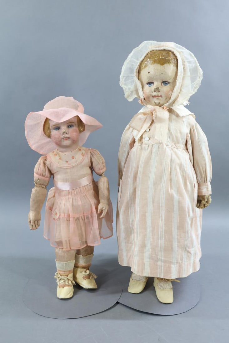CLOTH DOLLS - CHASE.: Pair of dolls. 16" CHASE Molded bobbed hair girl doll. Painted blonde hair, blue eyes. She has the embedded snap for attaching hair bow. Doll has been dressed in vintage organdy dress with matching