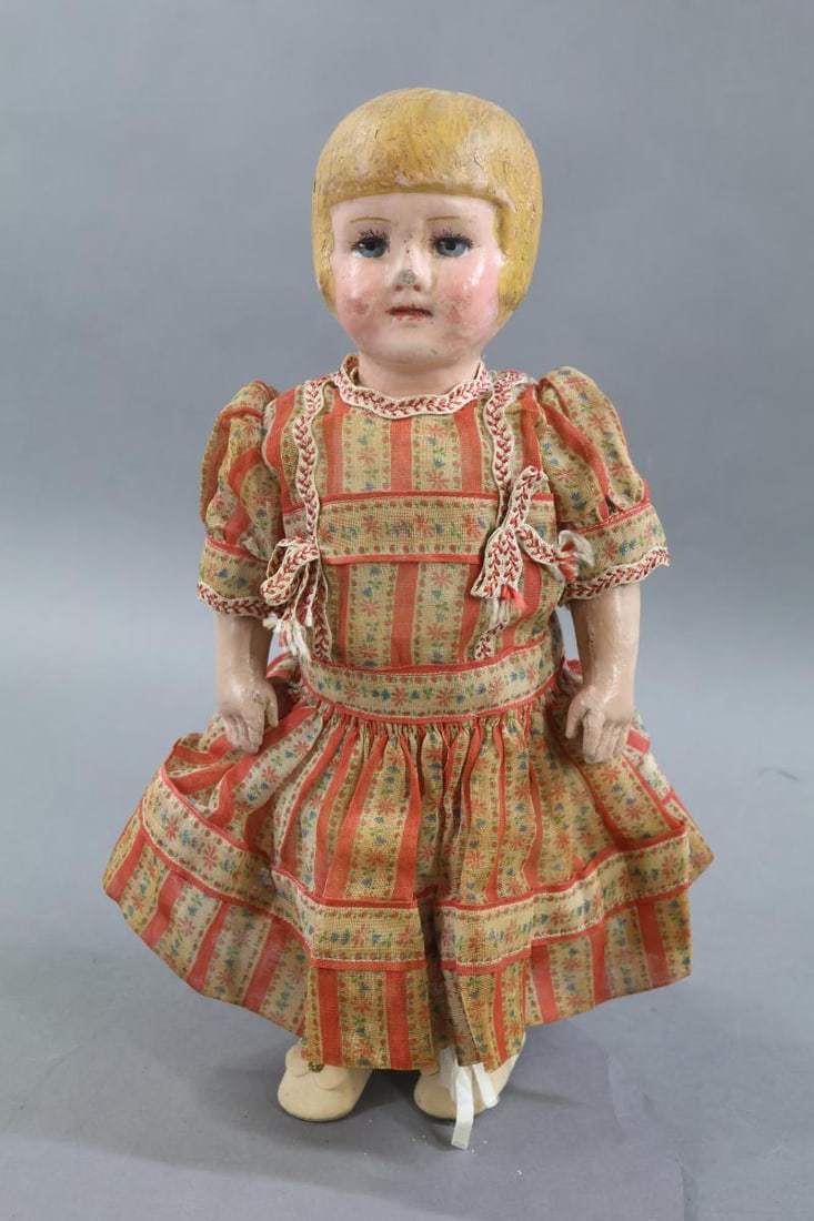 CLOTH DOLLS - CHASE.: 12 1/2" CHASE bobbed hair girl doll. Painted blonde hair, blue eyes. Cloth body has the CHASE stamp on her left hip. Dressed in antique cotton print dress, flannel petticoat. No panties. Vintage