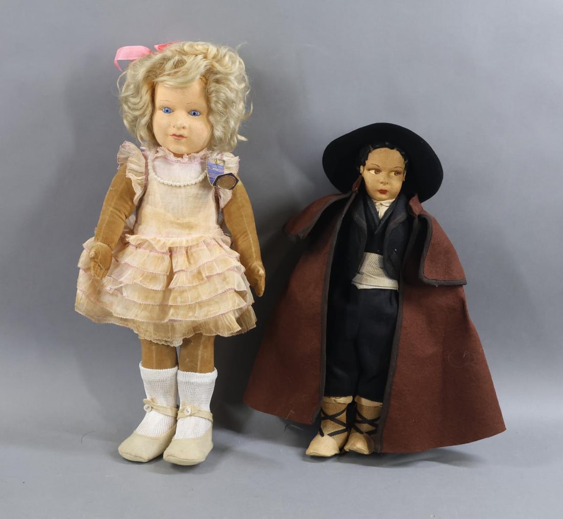 CLOTH DOLLS - CHAD VALLEY/LENCI.: Pair of original owner dolls. 17" Tagged "Princess Elizabeth", ca. 1938 Made by CHAD VALLEY. Molded felt head with stationary blue glass eyes, curly blonde mohair wig. Velveteen body with swivel head,