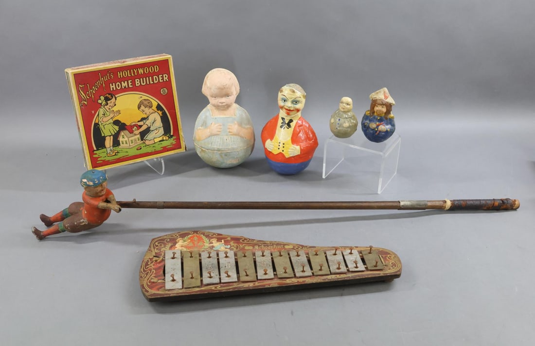 SCHOENHUT.: LOT of SCHOENHUT items. Early Metallophone (hammer missing). Box (ONLY) for "Hollywood Home Builder." for the Jefferson House (original price 50 cents). 9" Marked papier mache Rolly Dolly. 36" L.