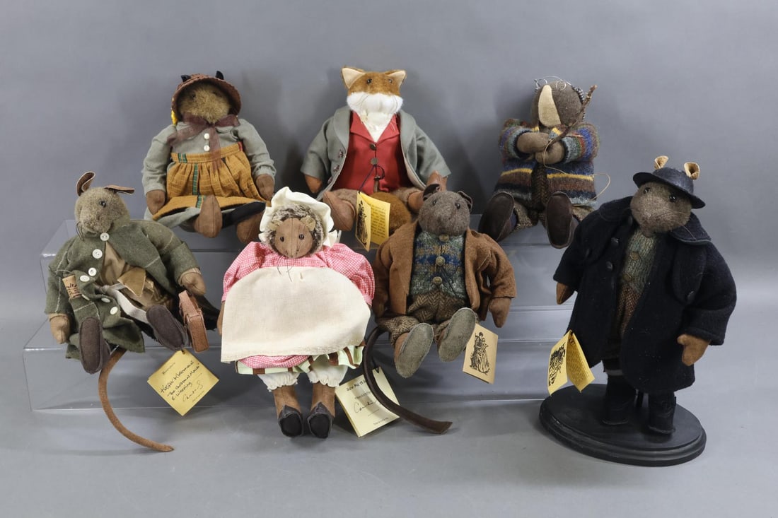 CONTEMPORARY ARTIST DOLLS.: LOT of (7) artist animals by artist Candy Schray. (6) Are tagged - 11 1/2" "Red Fox". 11" "Ratty". 11 1/2" "Nurse Fuzzy Wuzzy". 11" Kasper Kleinmaus "The Christmas Mouse", E. Wenning. 11" "Mrs. Tiggy