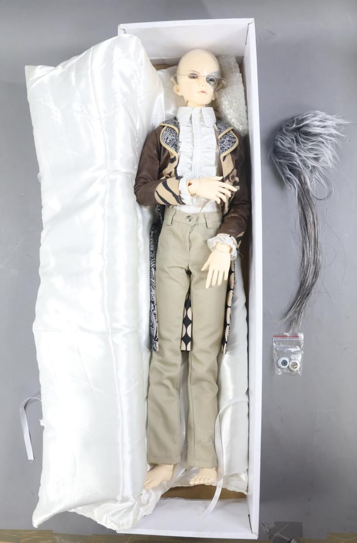 CONTEMPORARY ARTIST DOLLS.: 26" "ASA" BJD resin Boy doll in original DOLL LEAVES box. He has been out of the box previously. Wig slips on and is not glued. Fully dressed (but no shoes.) Doll comes with extra pair of eyes. No