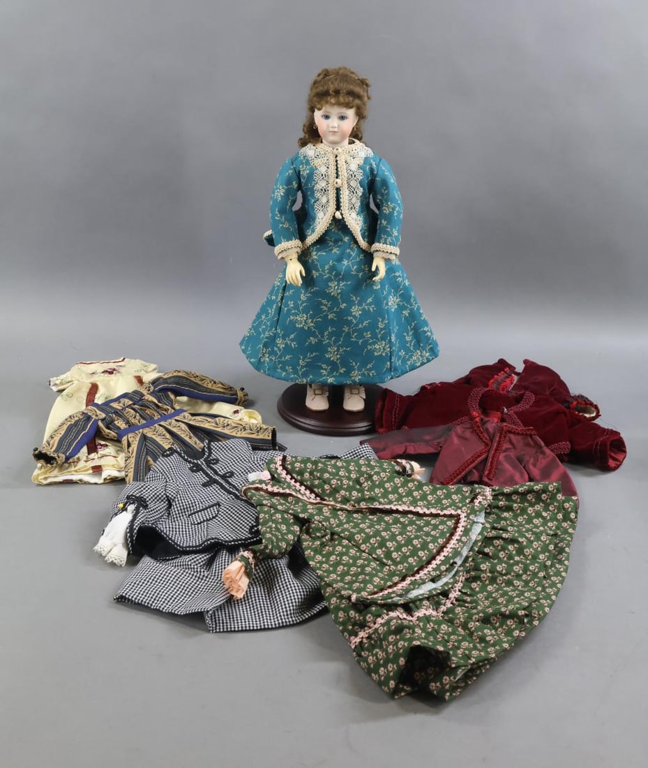 ARTIST FRENCH BISQUE FASHION DOLL.: LOT. 15" French Fashion Doll signed by artist D. (Darlene) Lane, 2019. Blue glass eyes, closed mouth pierced ears, curly brown mohair wig. Bisque shoulder plate, resin fully jointed body. Dressed in