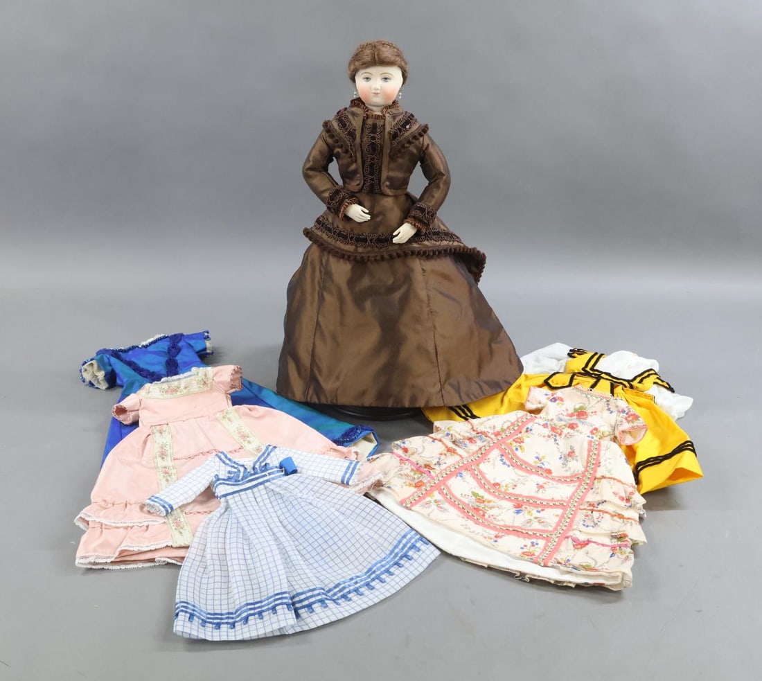ARTIST FRENCH BISQUE FASHION DOLL.: LOT. 15" French Fashion Doll signed by SHM 2014, Suzanne McBrayer. Painted blue eyes, closed mouth, pierced ears, brown braided mohair wig, cork pate. Bisque shoulder plate, reproduction wooden