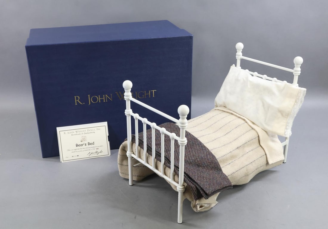 R. JOHN WRIGHT..: MIB 1999 "Bear's Bed", No. 185/500. 16" L x 12" T x 8" W. COA. This was shown in the R. John Wright "Art of Toys" book by Goddu, with the "Nighttime Winnie-The-Pooh" bear sitting on it, but was not