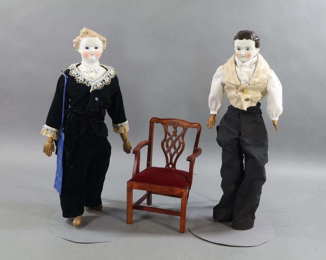 CHINA/PARIAN DOLLS.: LOT. Pair of male dolls. PARIAN - 18" "Dresden Gentleman" shoulder head doll made by the Dornheim, Koch, & Fischer Porcelain Factory, Thuringia, Germany. Stationary blue glass eyes, molded and