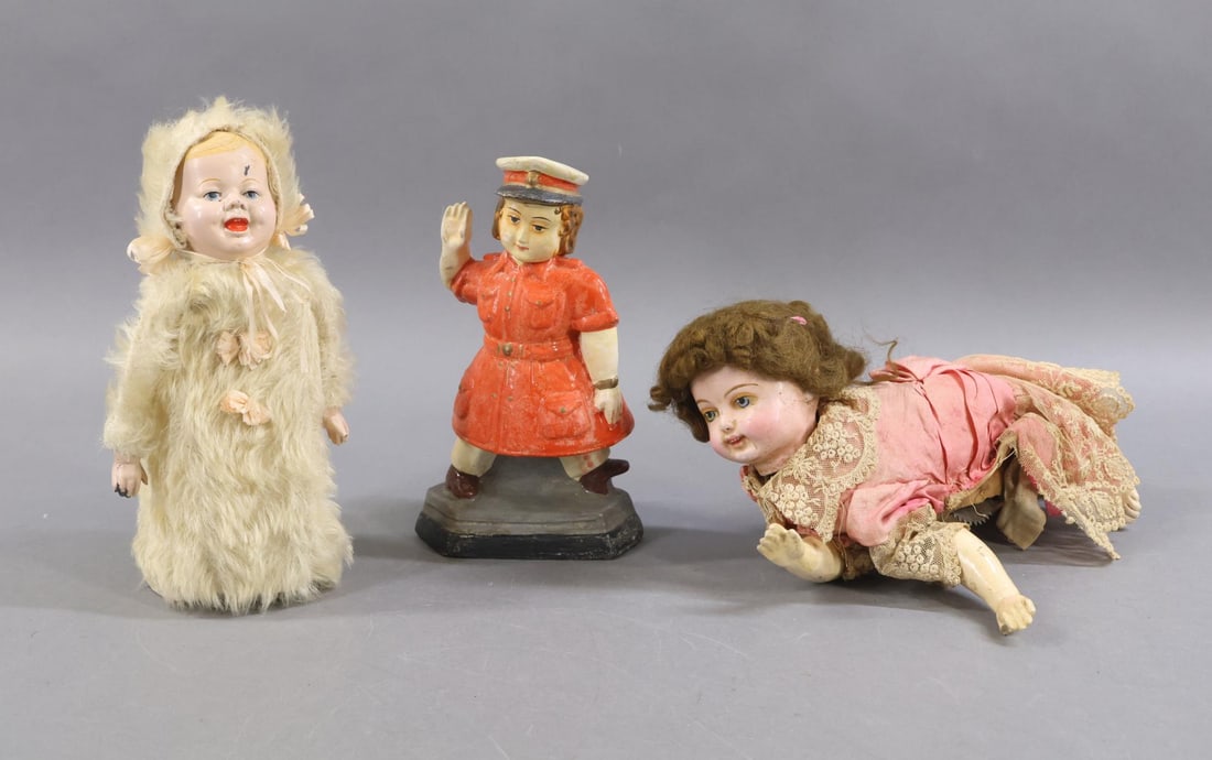 ANTIQUE TOYS.: LOT of (3) antique toys. 10 1/2" Unmarked "Crawling Baby" with wax over papier mache head, painted features, curly brown mohair wig. This is a key wound toy. It has a papier mache torso with papier