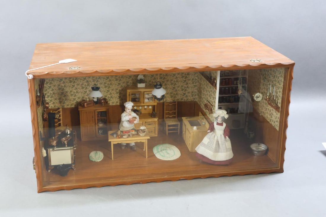 ROOM BOX.: KITCHEN Room Box. Contemporary scene of Kitchen and Pantry. Kitchen - brass/copper stove, pots, pans on stove, hanging racks on walls. Wooden cabinets, china cabinet filled with china, accessories. Pa