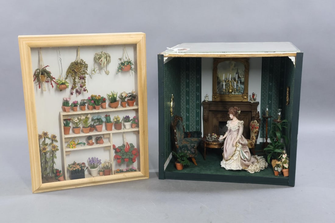 ROOM BOX.: Pair of contemporary Room Boxes. Florist Window. Hanging plants, potted plants, cut flowers, gardening tools. Sunflowers signed by Cynthia Uliedeulrift(?) This is in a glass front framed box 13 1/2"