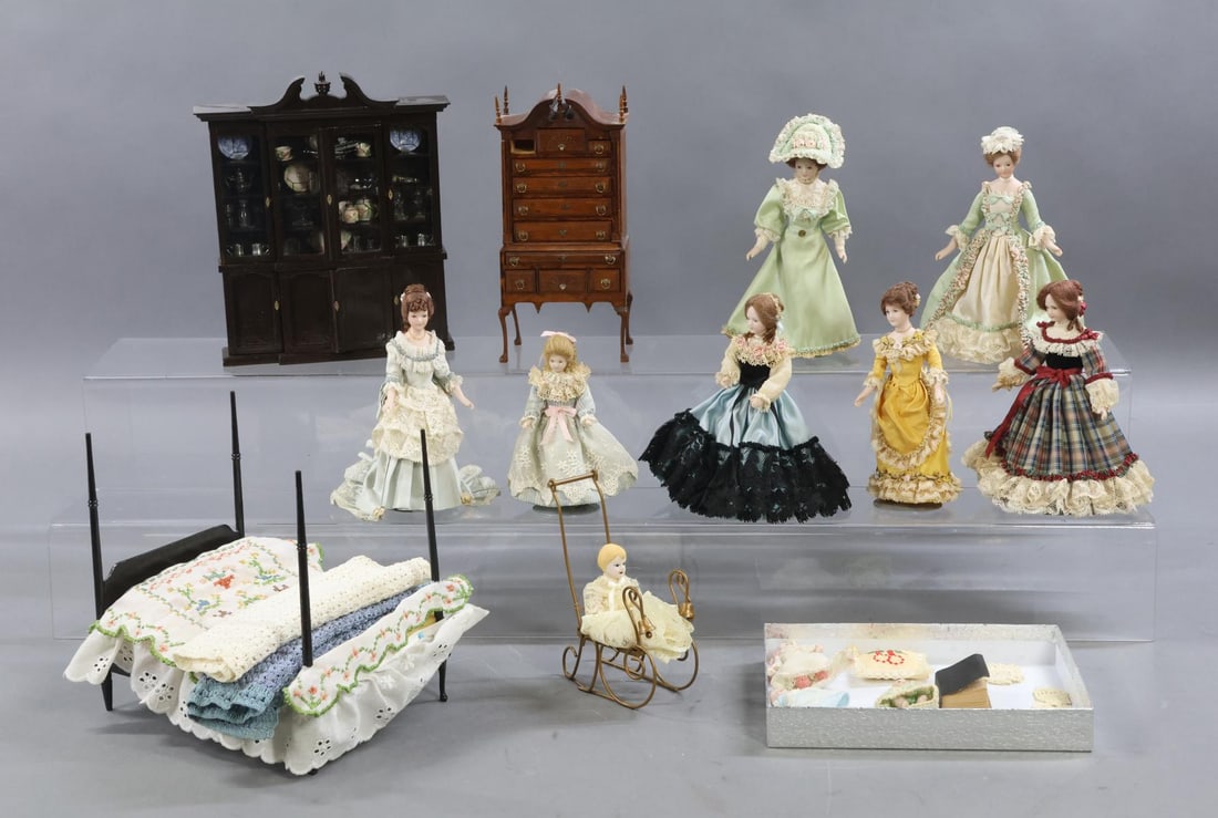MINIATURES -DOLLS, FURNITURE.: LOT. Dolls - (8) Contemporary porcelain head dolls. (7) Of these are ladies/child with mohair wigs. They have all been beautifully dressed in silks/cotton by Helen Cohen and are dated 1981-1986 on