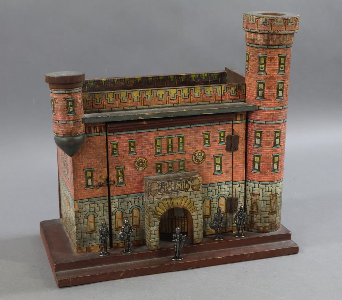 BLISS FORT.: American BLISS Fort. Both the exterior and interior retain all original details. The facade displays red and white brick/stone papers, painted trim. Hinged front with hinged front door. The interior