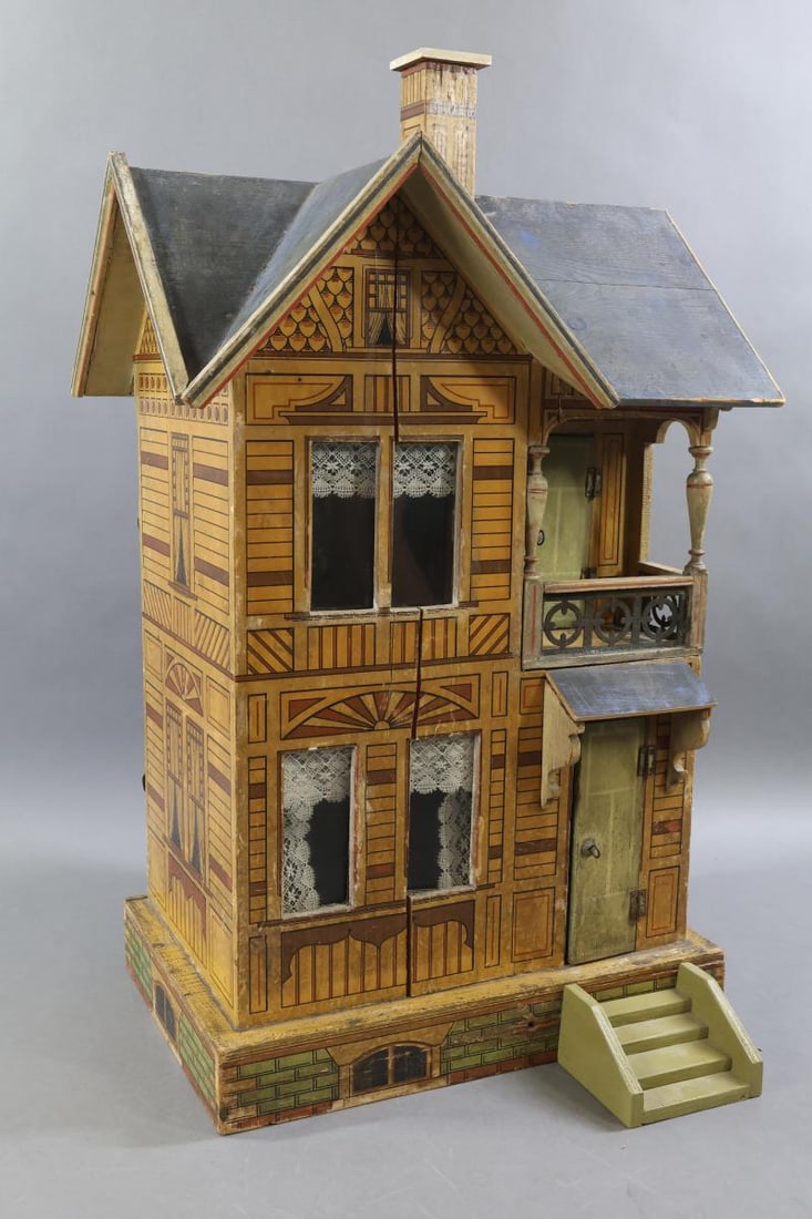 GOTTSCHALK DOLL HOUSE.: German GOTTSCHALK Blue Roof House No. 3298. Ca. 1920's. Both the exterior and interior retain many of the original details. The facade on this house displays horizontal clapboard siding, pale green