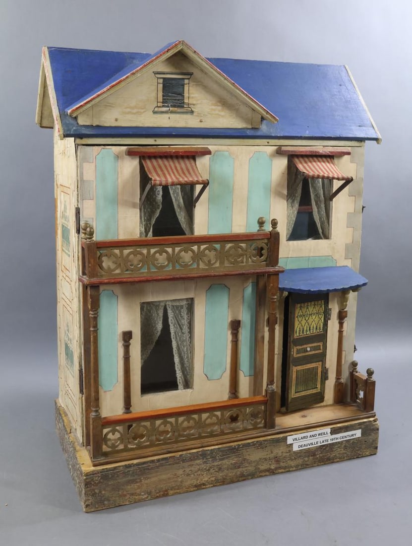 VILLARD AND WEILL DOLL HOUSE.: French(?) VILLARD and WEILL Blue Roof "Deauville" House. Ca. 1905 - 1914. Both the exterior and interior retain their original details. Detachable blue chimney. The facade on the sides of this house s