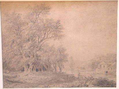 Louis Francois Cassas.: Landscape with figures fishing, charcoal, 7 ½" x 10" sight, S&DLL, "LF Cassas 1777". Artist: b. 1756, d. 1827, France. Condition: no defects observed.