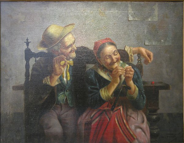 Emilio Fossati.: Portrait of elderly couple seated on bench, oil on canvas, 18 ½" x 24", SLR, "Em. Fossati". Artist: 20th Century Italian. Condition: relined.