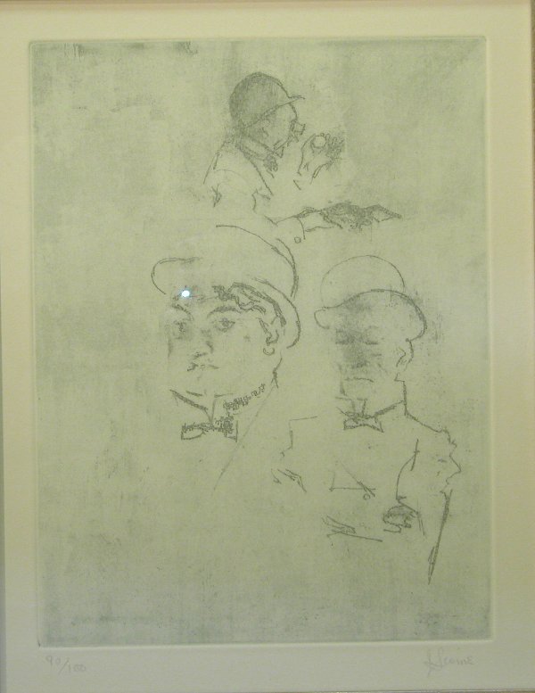 Jack Levine.: Titled, "Thieves", etching, 11 ½" x 8 ½" image size, no. 90/100, pencil signed on margin, "J. Levine". Artist: b. 1915, American. Condition: no defects observed.