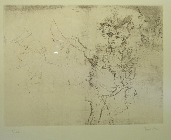 Jack Levine.: Titled, "Quadrille", etching, 8 ½" x 11 ½" image size, no. 90/100, pencil signed on margin, "J. Levine". Artist: b. 1915, American. Condition: no defects observed.