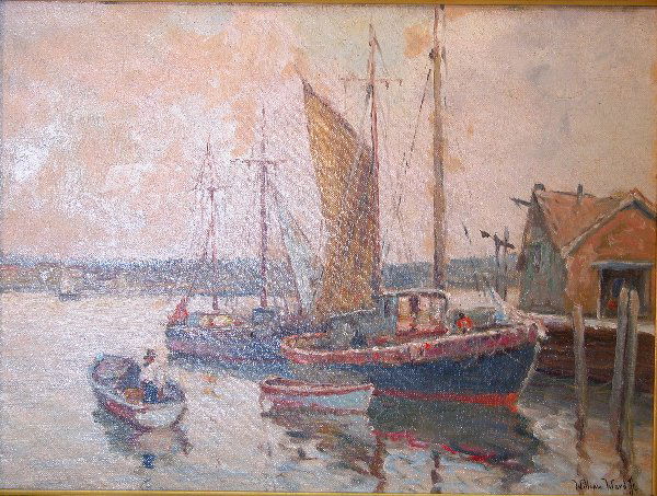 William Ward, Jr.: Harbor scene, oil on canvas board, 12" x 16", SLR, "William Ward, Jr.". Artist: d. 1935, Canada. Condition: in-painting in sky.