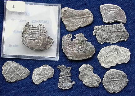 Atocha Coin Fragments.: 11 Atocha coin fragments, 2 & 4 reale, no grade, approx. 40 grams.