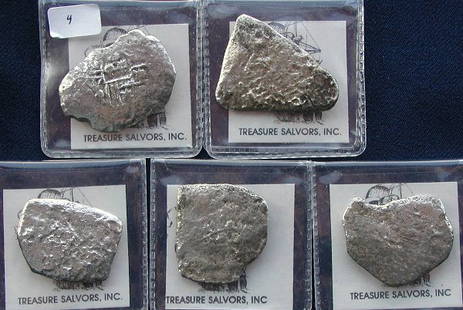 5 1715 Fleet 8 Reales.: 5- 8 reale pieces from the 1715 fleet, all are odd shapes, no grade, approx. 70 grams.