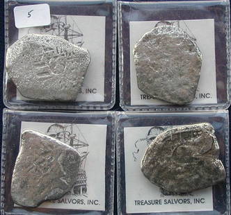 4 1715 Fleet 8 Reales.: 4- 8 reale pieces from the 1715 fleet, no grade, approx. 65 grams.
