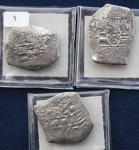 3 1715 Fleet 8 Reales.: 3- 8 reale pieces from the 1715 fleet, grade III to grade IV, approx. 52 grams, shield visible cross, lions, & castle.