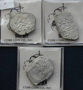 3 1715 Fleet 4 Reales.: Cobb Coin Co., 3- 4 reale pieces from the 1715 fleet, Mexico, Philipe V, CB84-679, weight 9.88 grams; CB84-680, weight 11.47 grams; CB84-682, weight 11.09 grams. All grade I. Alderfer grade III & IV.
