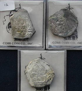 3 1715 Fleet 4 Reales.: Cobb Coin Co., 3- 4 reale pieces from the 1715 fleet, Mexico, Philipe V, CB84-678, weight 10.79 grams; CB84-681, weight 11.79 grams; CB84-683, weight 12.36 grams. All grade I. Alderfer grade III & IV.