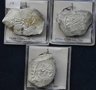 3 1715 Fleet 8 Reales.: Cobb Coin Co., 3- 8 reale pieces from the 1715 fleet, Mexico, Philipe V, CB81-051, weight 24.83 grams; CB81-052, weight 22.67 grams; CB81-056, weight 24.37 grams. Grade II. Alderfer grade IV.